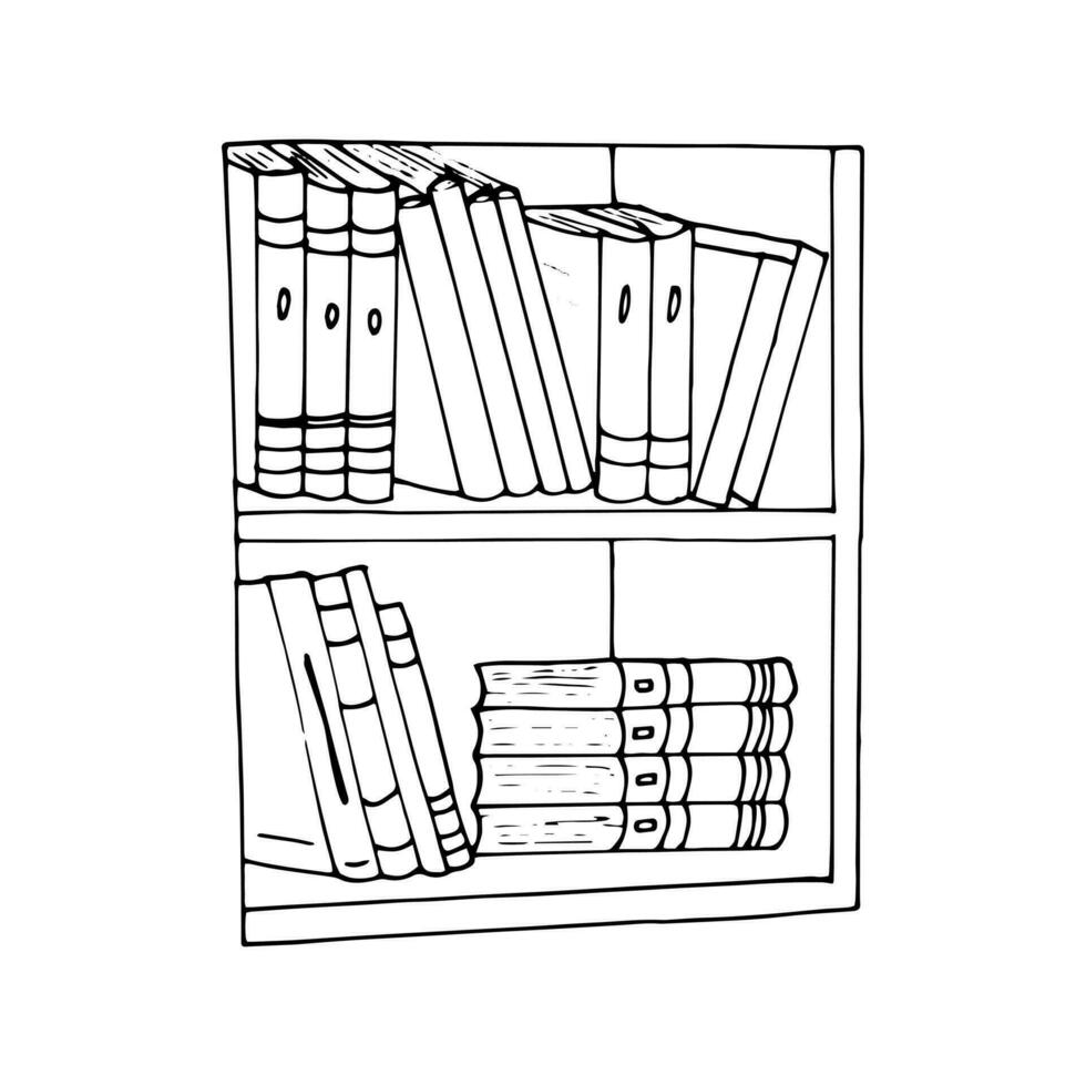 dibujado a mano estante para libros. estante con libros en habitación biblioteca, librero vector ilustración, aislado