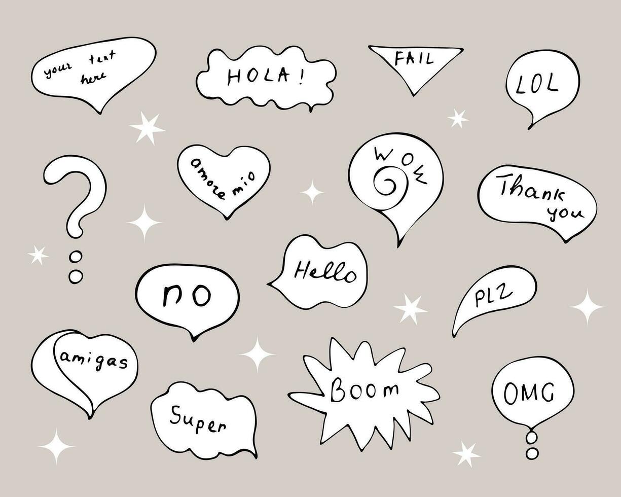 Hand drawn talking balloons with handwritten text. Speech bubble vector doodles. Set of speech and thought communication bubbles.