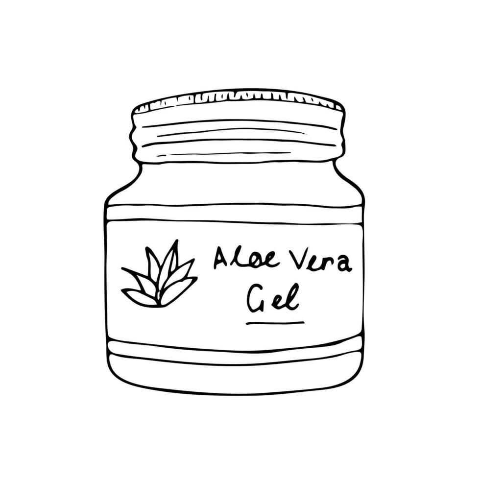 Hand-drawn aloe vera gel in a jar. Organic cosmetic product. Isolated vector illustration