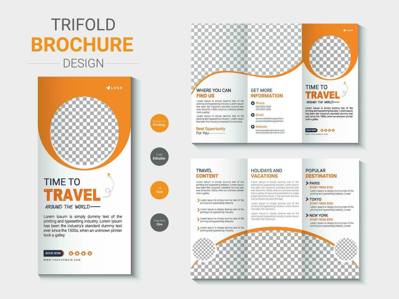 Creative travel and tourism trifold brochure template design vector