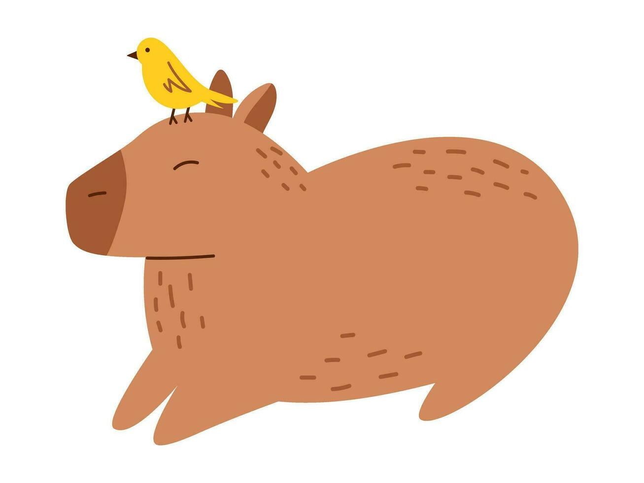 Vector funny capybara in flat design. Amusing capibara character with yellow bird on the head. South American adorable animal. Cute capybara.