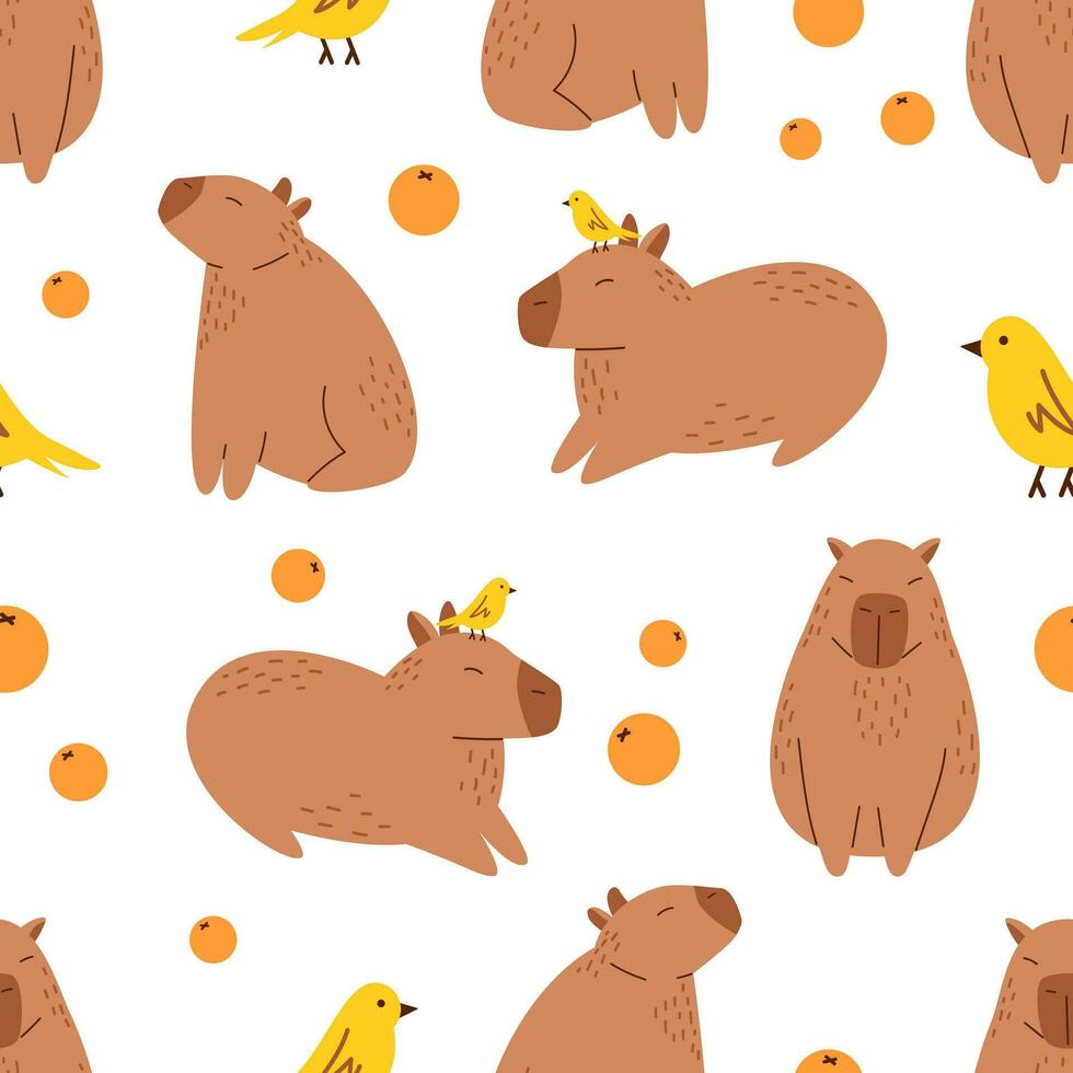 vector sin costura modelo con gracioso capibaras, mandarinas y aves. antecedentes con divertido capibaras. linda capibaras relajante con mandarín naranjas sur americano adorable animal modelo.