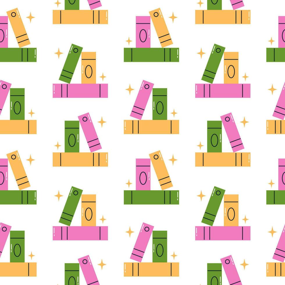 Vector seamless pattern with books and stars. Trendy background with stack of books. Design for library, school, university or bookstore. Knowledge and education. Back to school design.