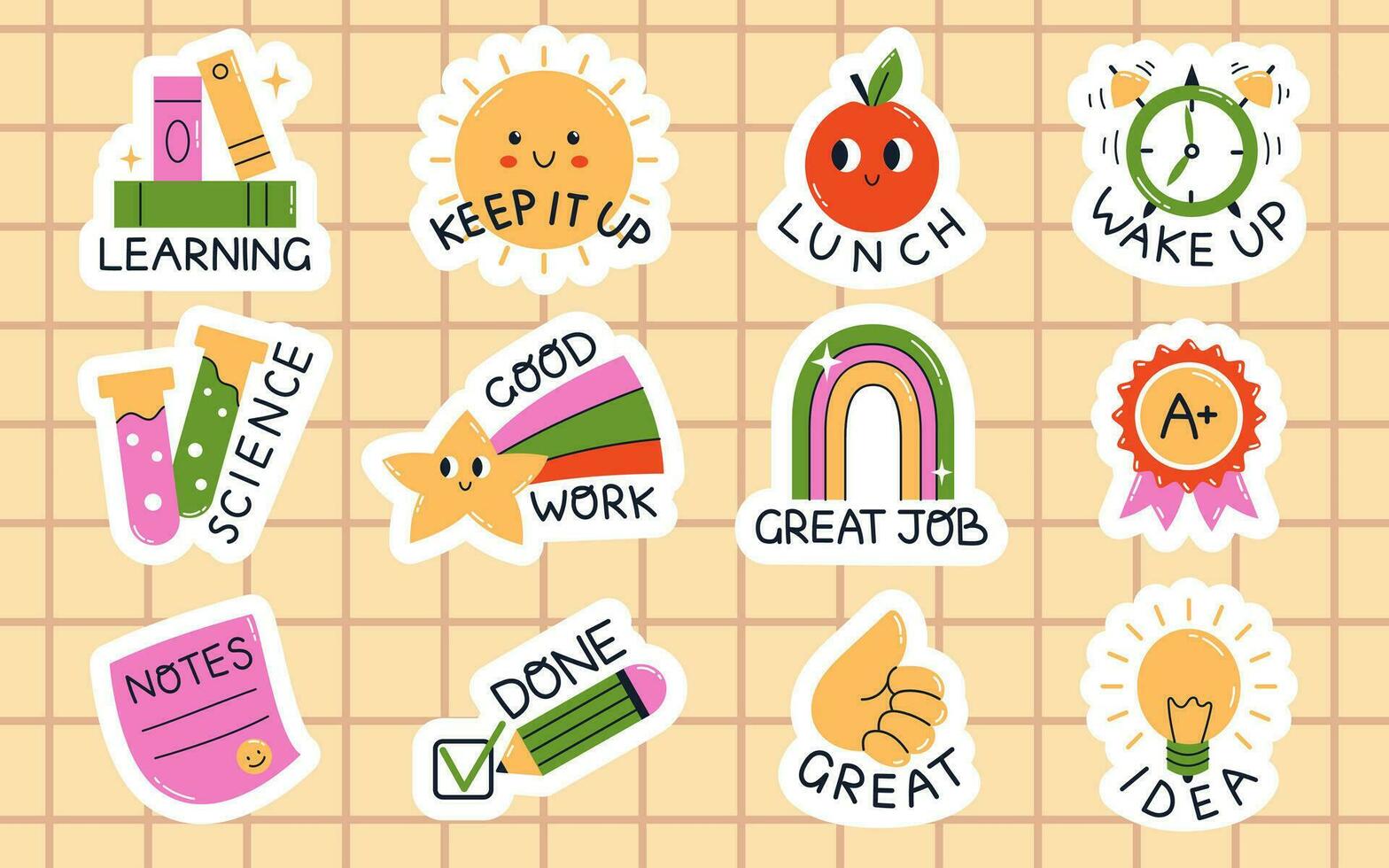 Vector collection of funny school stickers for study. Set with trendy phrases and elements for school day planner. Back to school sticker pack. Motivation stickers for study routine.