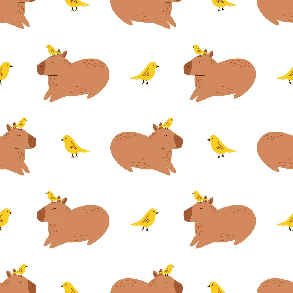 Vector seamless pattern with funny capybaras and birds. Adorable background with amusing capibaras with yellow birds on the head. Cute capybara pattern in flat design.