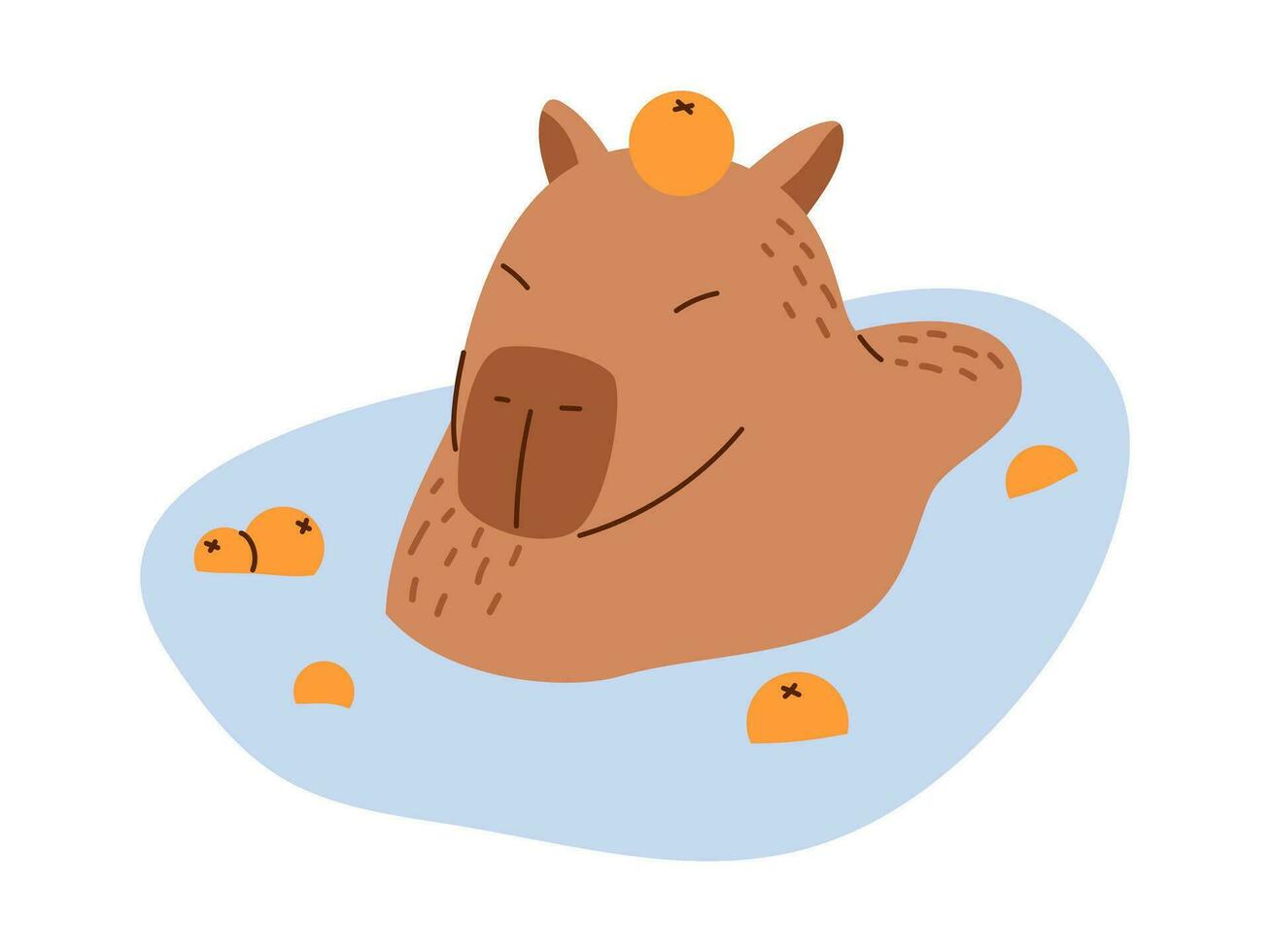 Vector funny capybara in flat design. Amusing capibara character with mandarin oranges. Cute capybara swimming in water. South American adorable animal.