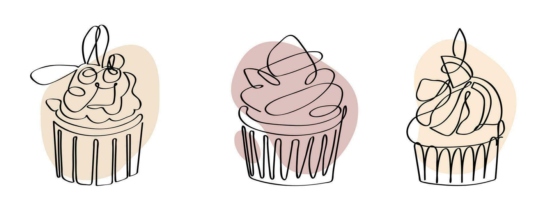 Continuous one line drawing of cupcake with berries. Hand drawn minimalist bakery concept design. Vector illustration