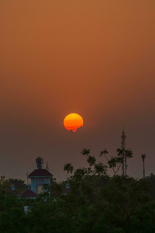 silhouette of trees and building during sunset photo