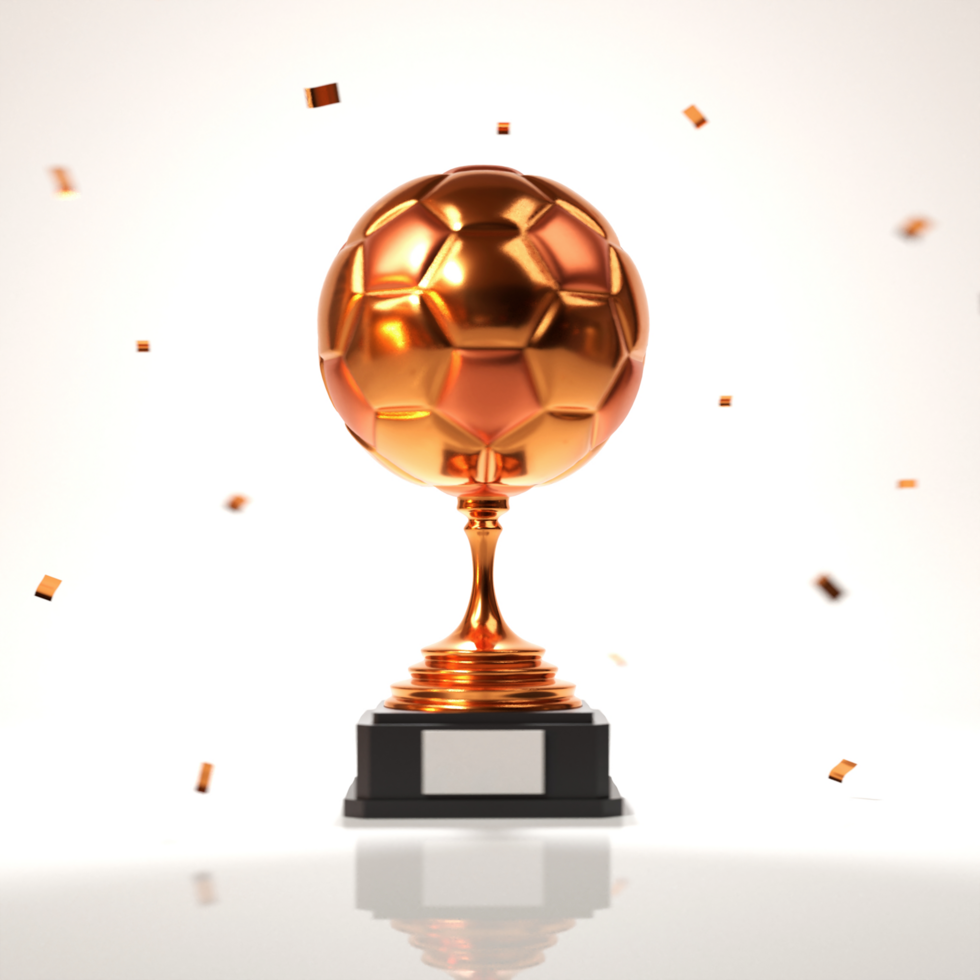 3D Bronze Soccer Trophy Cup With Confetti On White Background. psd