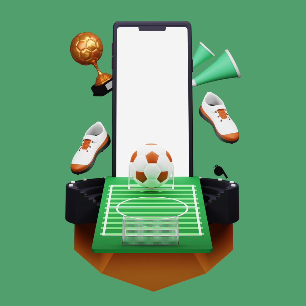 3d ilustração do Smartphone com futebol estádio Visão e bronze troféu copo em verde fundo. psd