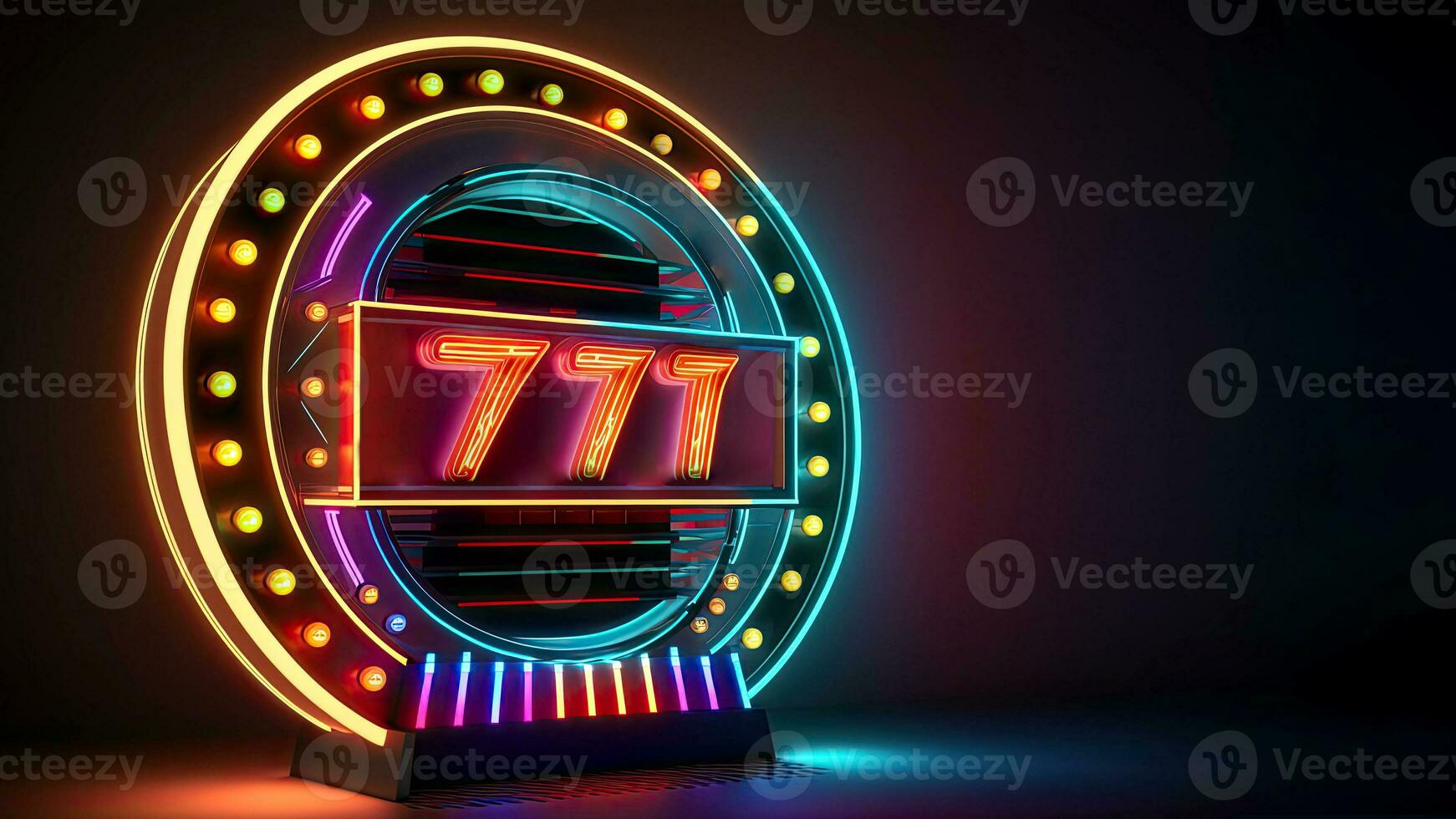 Marquee Light Circular Frame Stand with 777 Number on Dark Background, Casino Game Concept. Generative AI Technology. photo