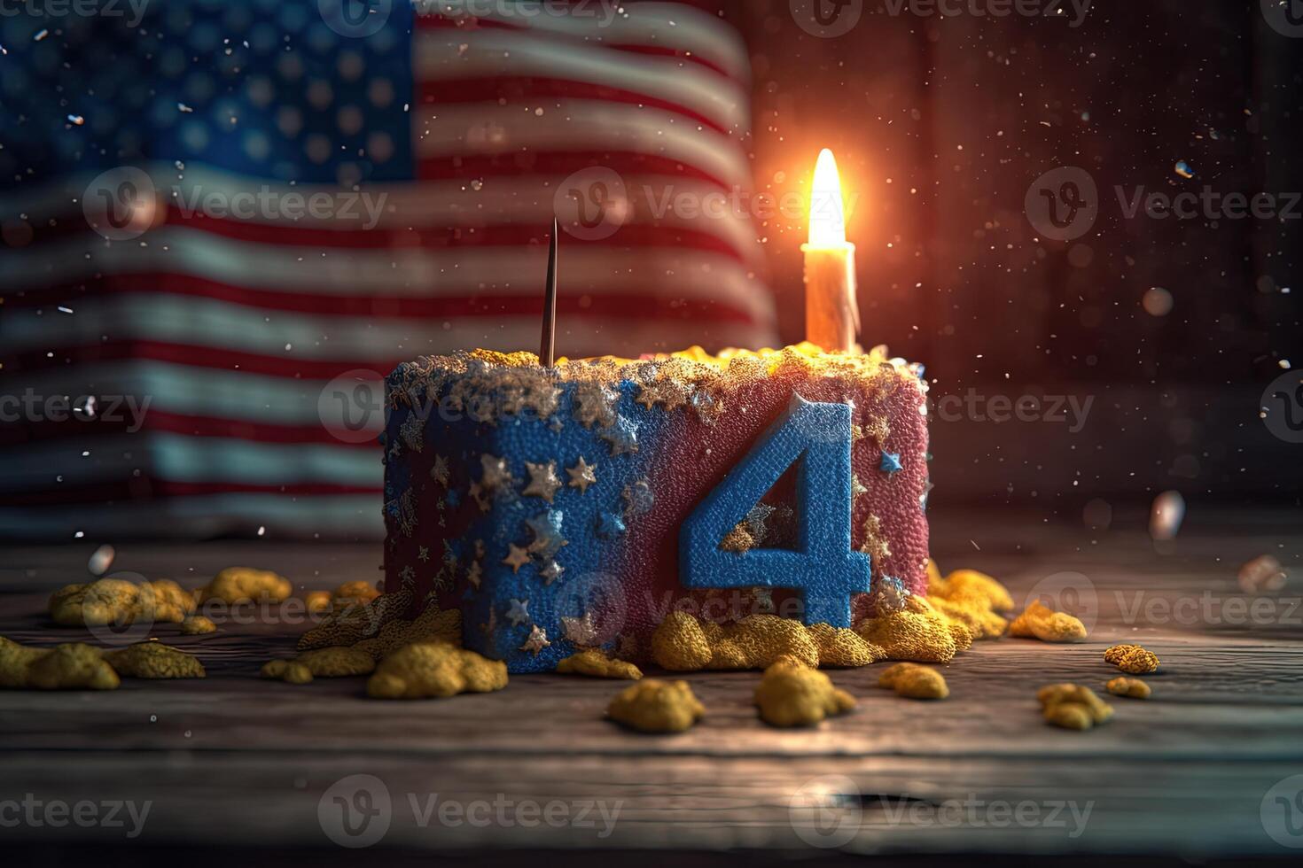 Numerical Cake in Colors of American Flag with Illuminated Candle for USA 4th of July Independence Day Celebration. . photo