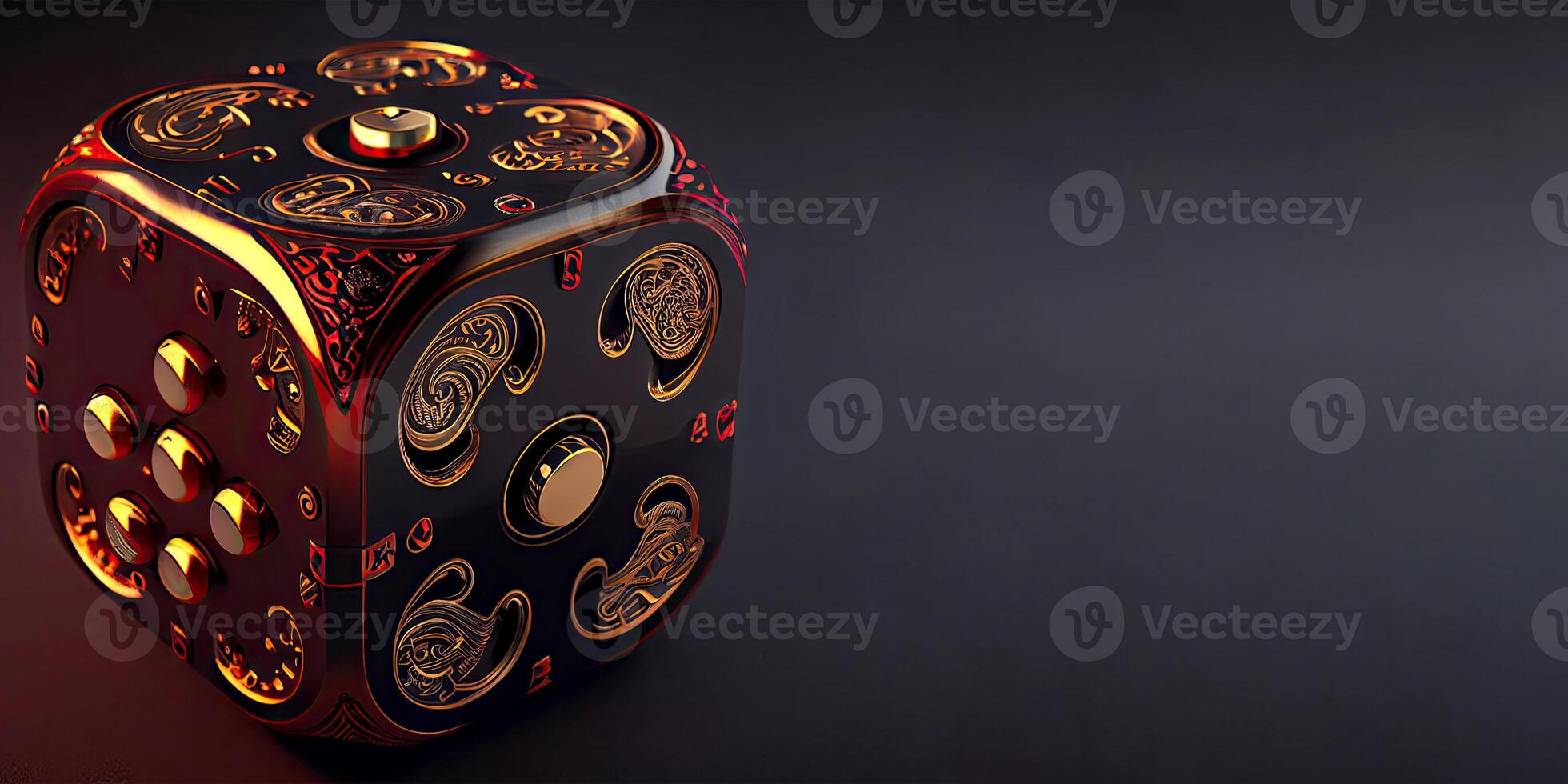 Casino Game Metal Dice in Black, Golden and Red Color. Role Playing Game Concept. Technology. photo