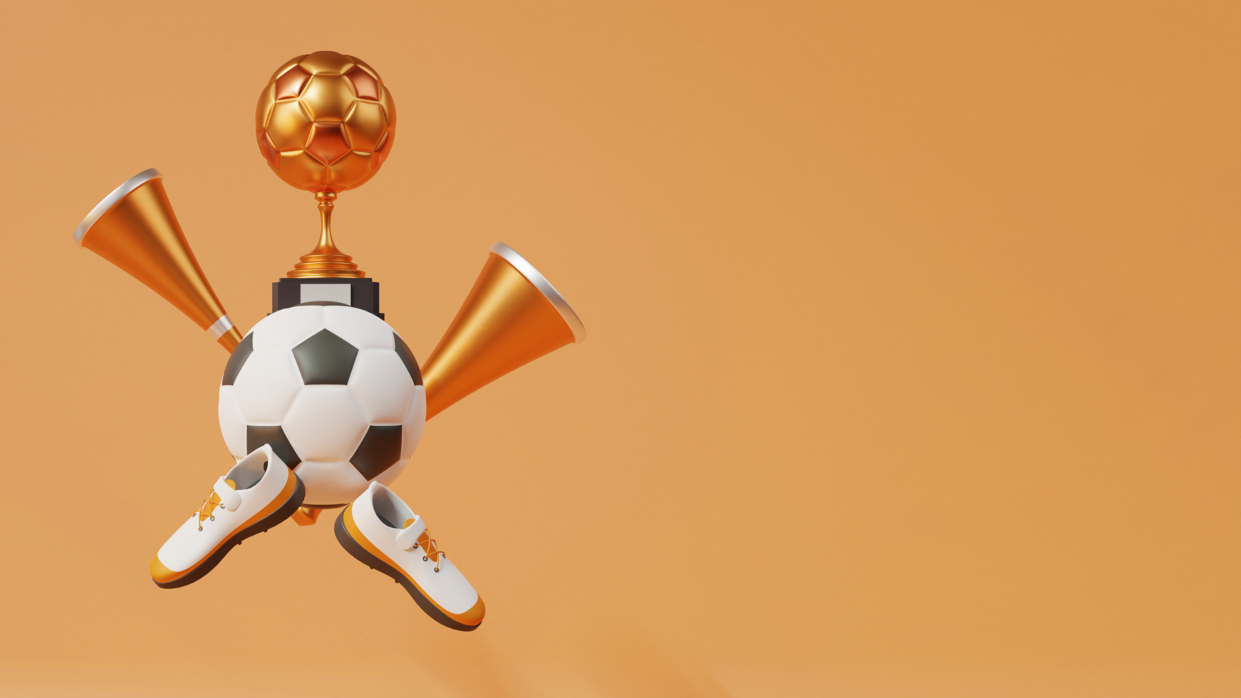 3D Bronze Soccer Trophy Cup With Football, Vuvuzela Horns, Shoes And Copy Space On Brown Background. psd