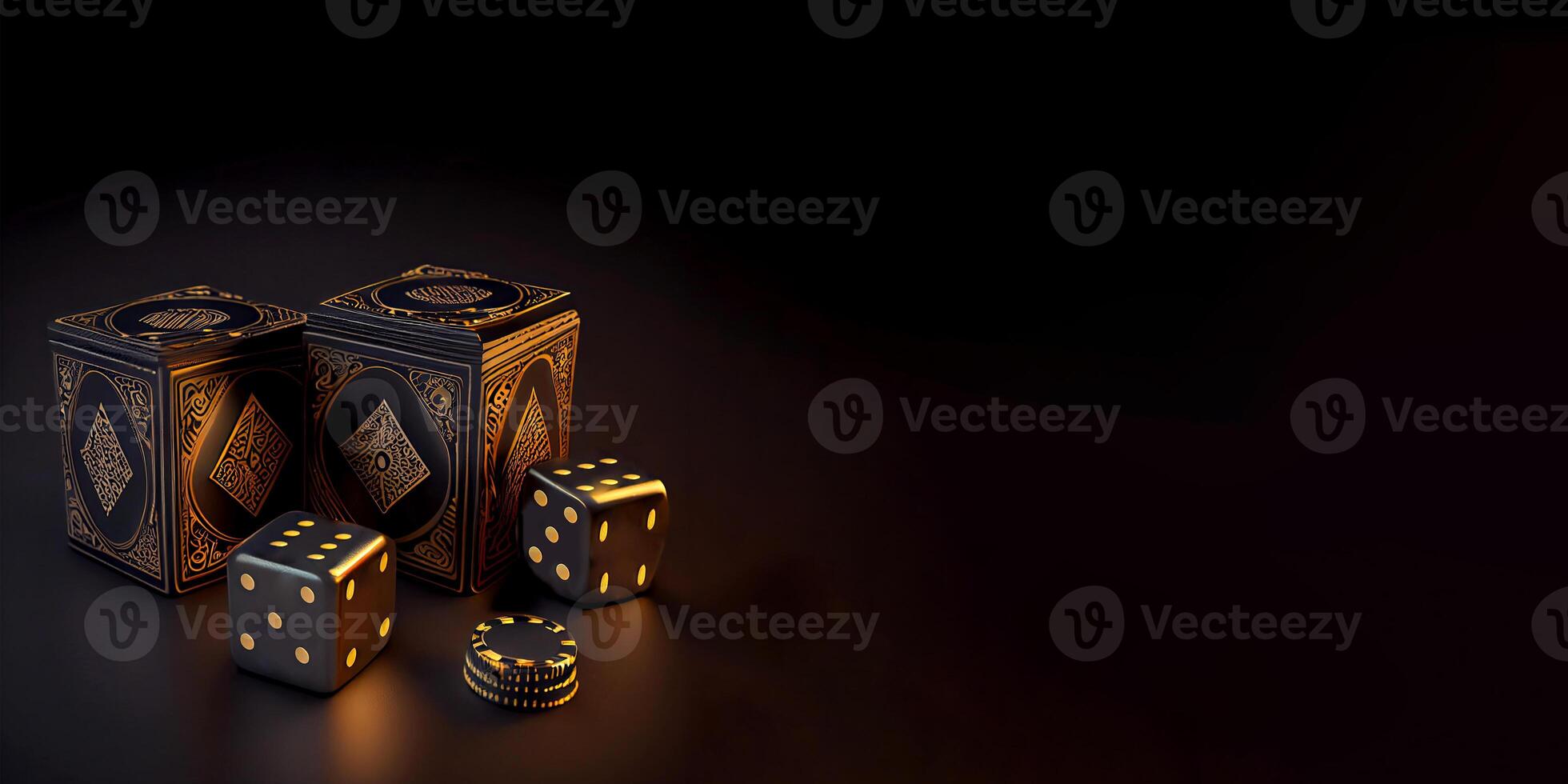 Black and Golden Combination of Playing Card Boxes with Dice, Poker Chips on Dark Background. Casino Game or Gambling Concept. . photo