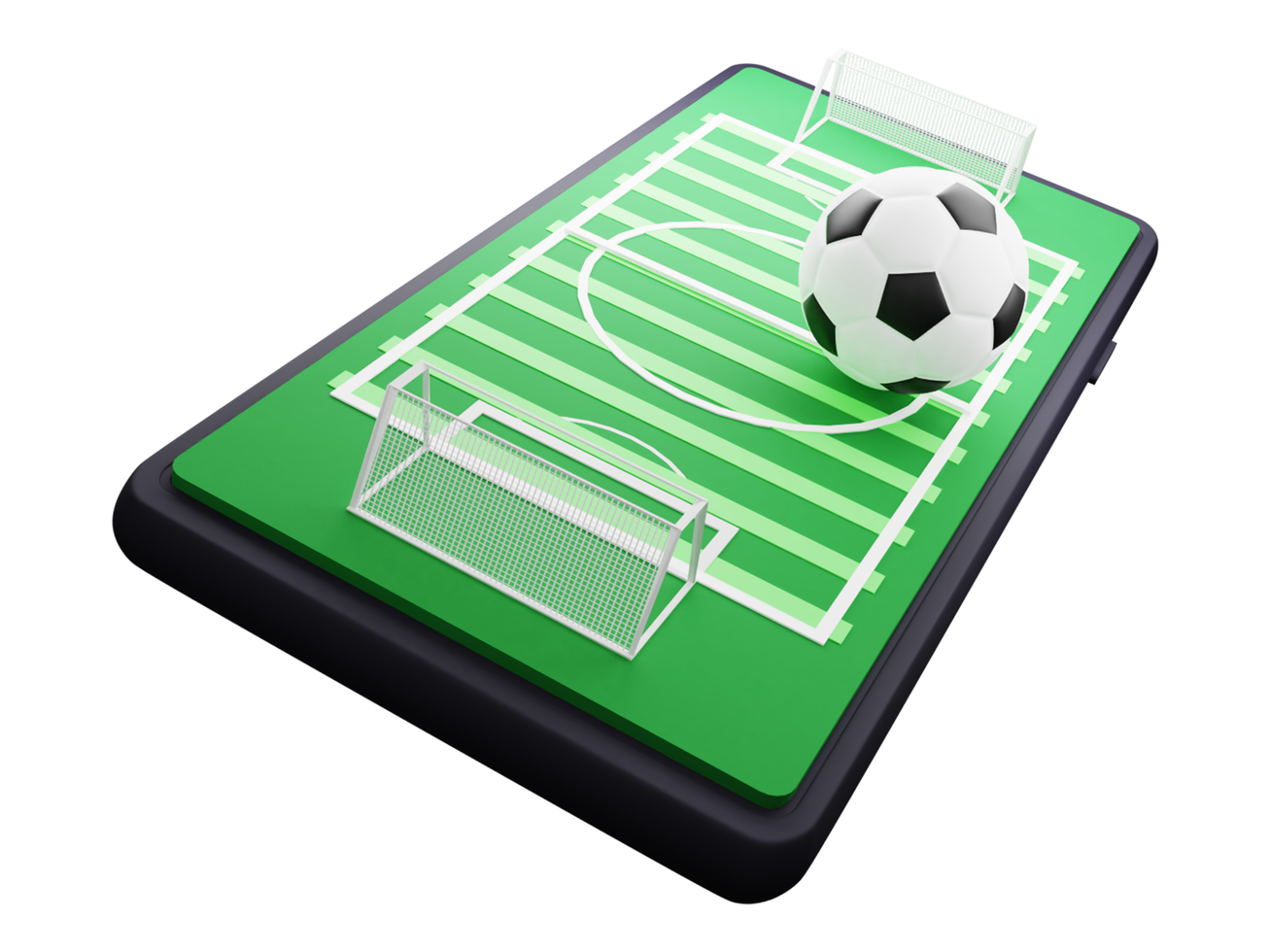 3d futebol campo em Smartphone tela com futebol bola e cópia de espaço. psd