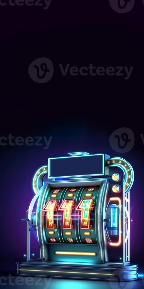 Glowing Neon Slot Machine with Triple One Symbol on Dark Background, Casino Game Concept. Technology. photo