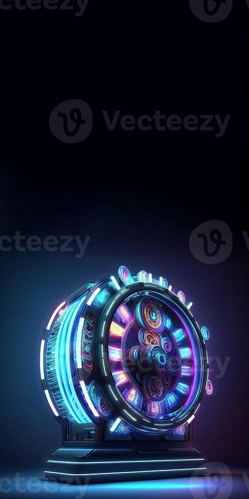 3D Render of Glowing Neon Roulette Wheel with Flares on Dark Background, Casino Game Concept. Technology. photo