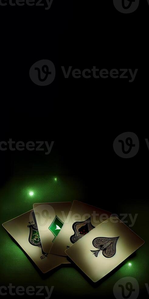 Golden Poker or Playing Cards with Light Effect on Dark Green Background. Concept of Gambling, Casino Game. . photo