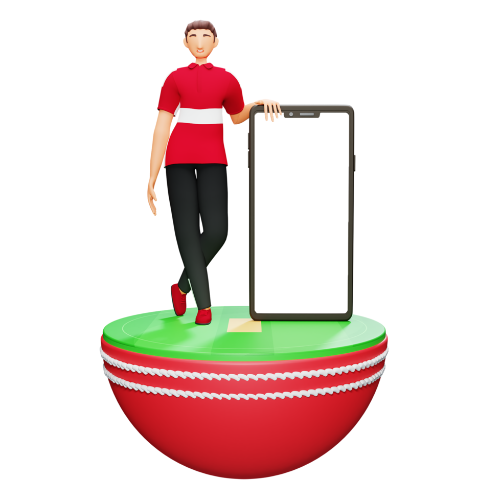 3d Illustration von Sportler oder jung Mann Charakter mit Smartphone Über Hälfte Kricket Ball. psd