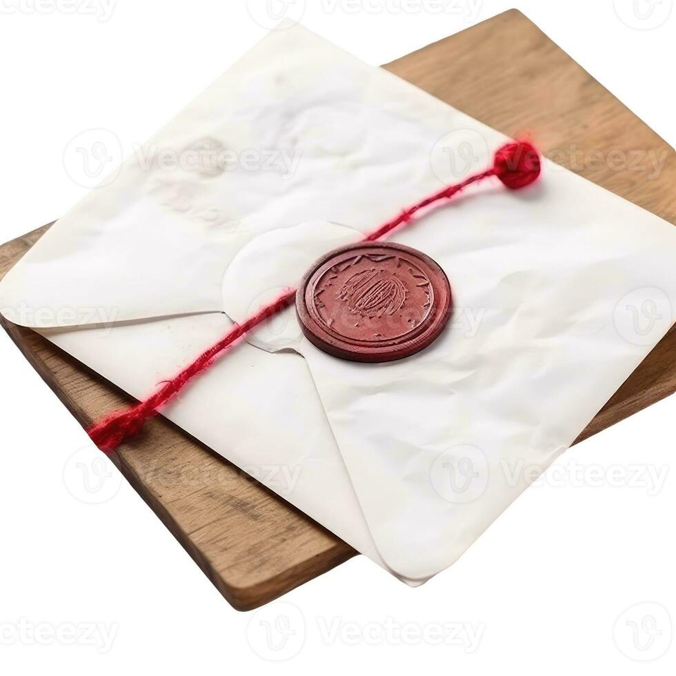 Top View of Red Wax Sealed White Old Letter Envelope on Wooden Board. photo