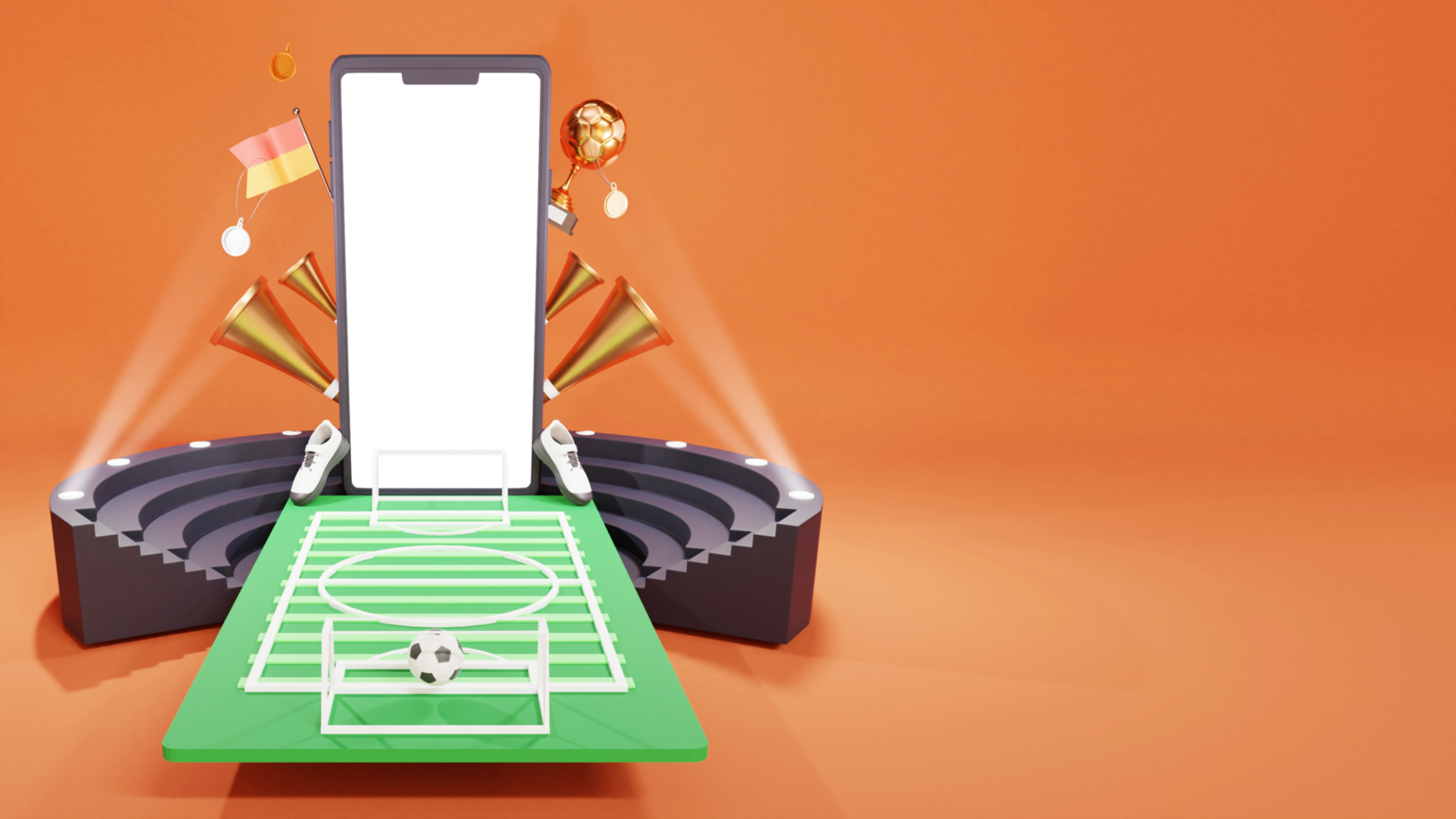 3d ilustração do Smartphone com futebol estádio visualizar, dourado troféu xícara, vuvuzela chifres e cópia de espaço. psd