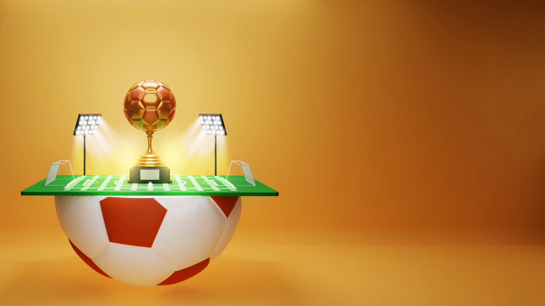 3D Half Football Field View With Stadium Lights, Golden Soccer Trophy Cup And Copy Space. psd