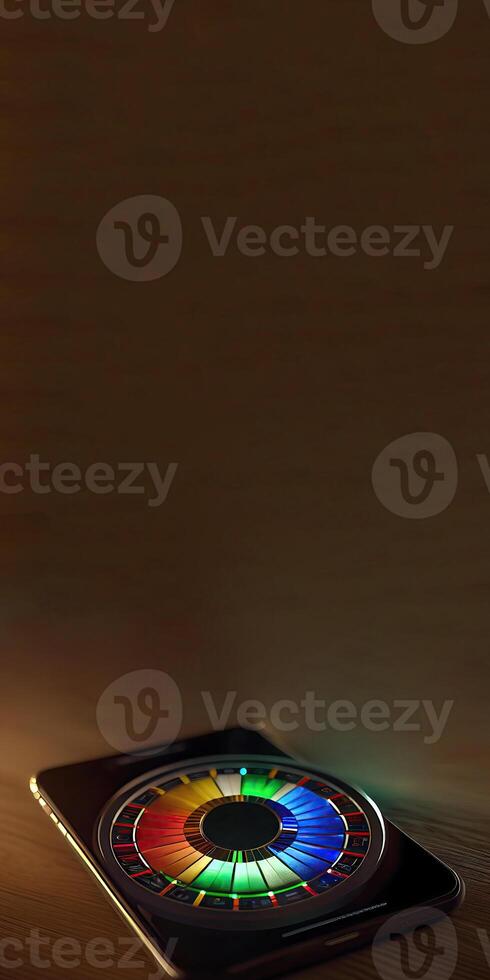 Colorful Glowing Roulette Wheel on Smartphone Screen and Copy Space for Online Casino Game Concept. Technology. photo