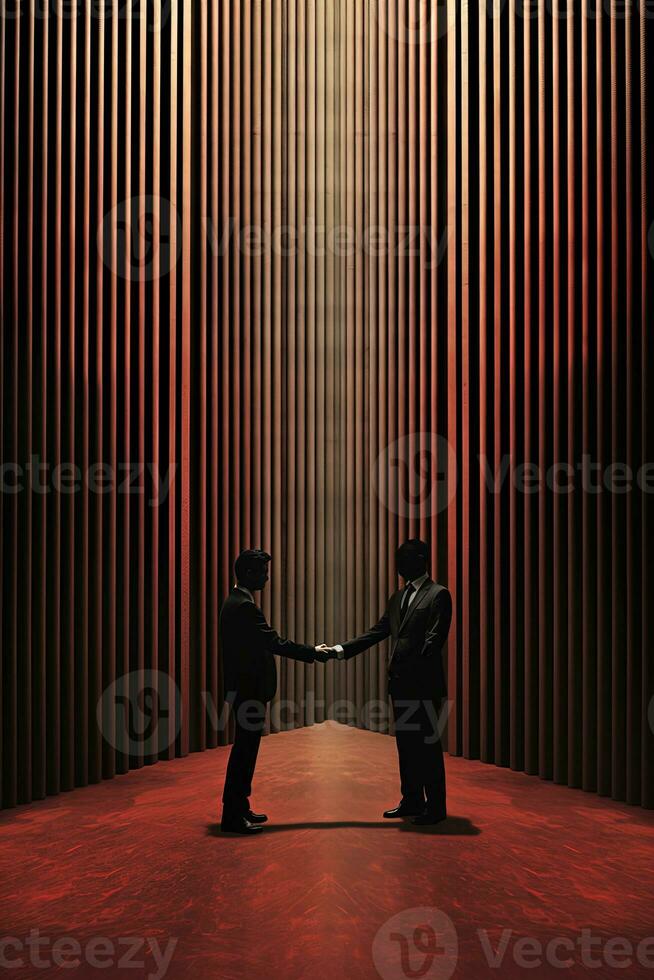 Miniature Two Businessmen Shaking Hands in Dark Stripes Background. Generative AI. photo