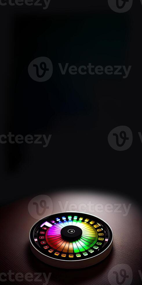 Colorful Glowing Lights Roulette Wheel and Copy Space on Dark Background, Casino Game Concept. Technology. photo