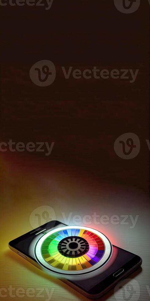 Colorful Glowing Roulette Wheel on Smartphone Screen and Copy Space for Online Casino Game Concept. Technology. photo