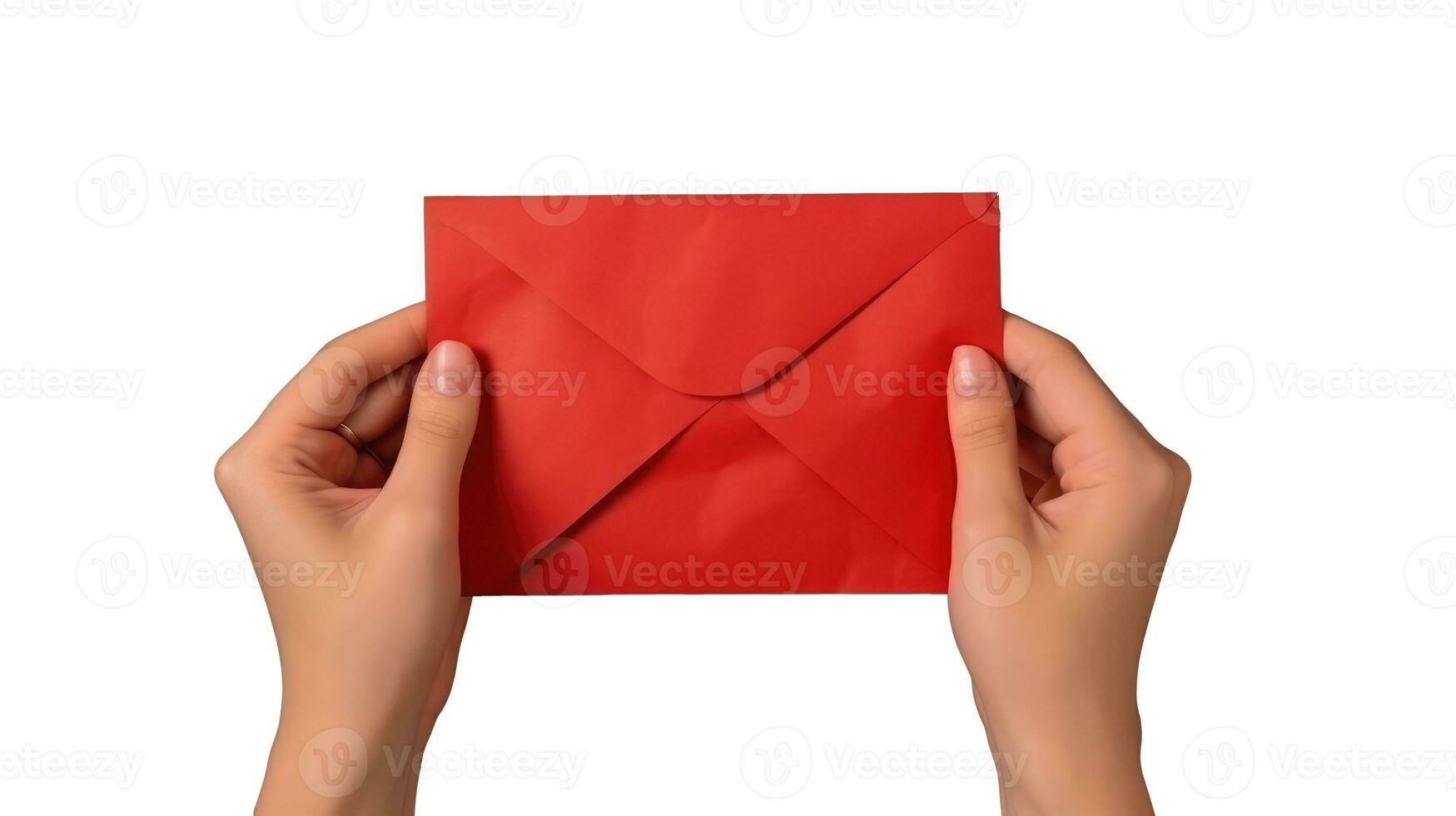 Top View of Human Hand Holding Red Envelope. photo