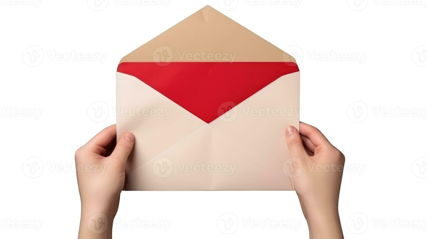 Top View of Female Hand Holding Open Red and Pink Envelope. photo