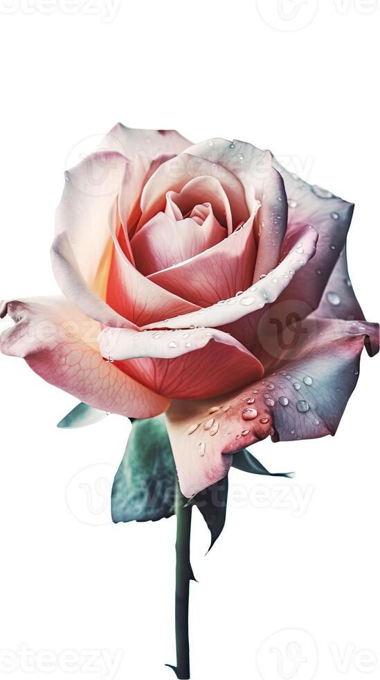 Macro Image, Water Droplets of Rose Flower Stem on Transparent Background. . photo