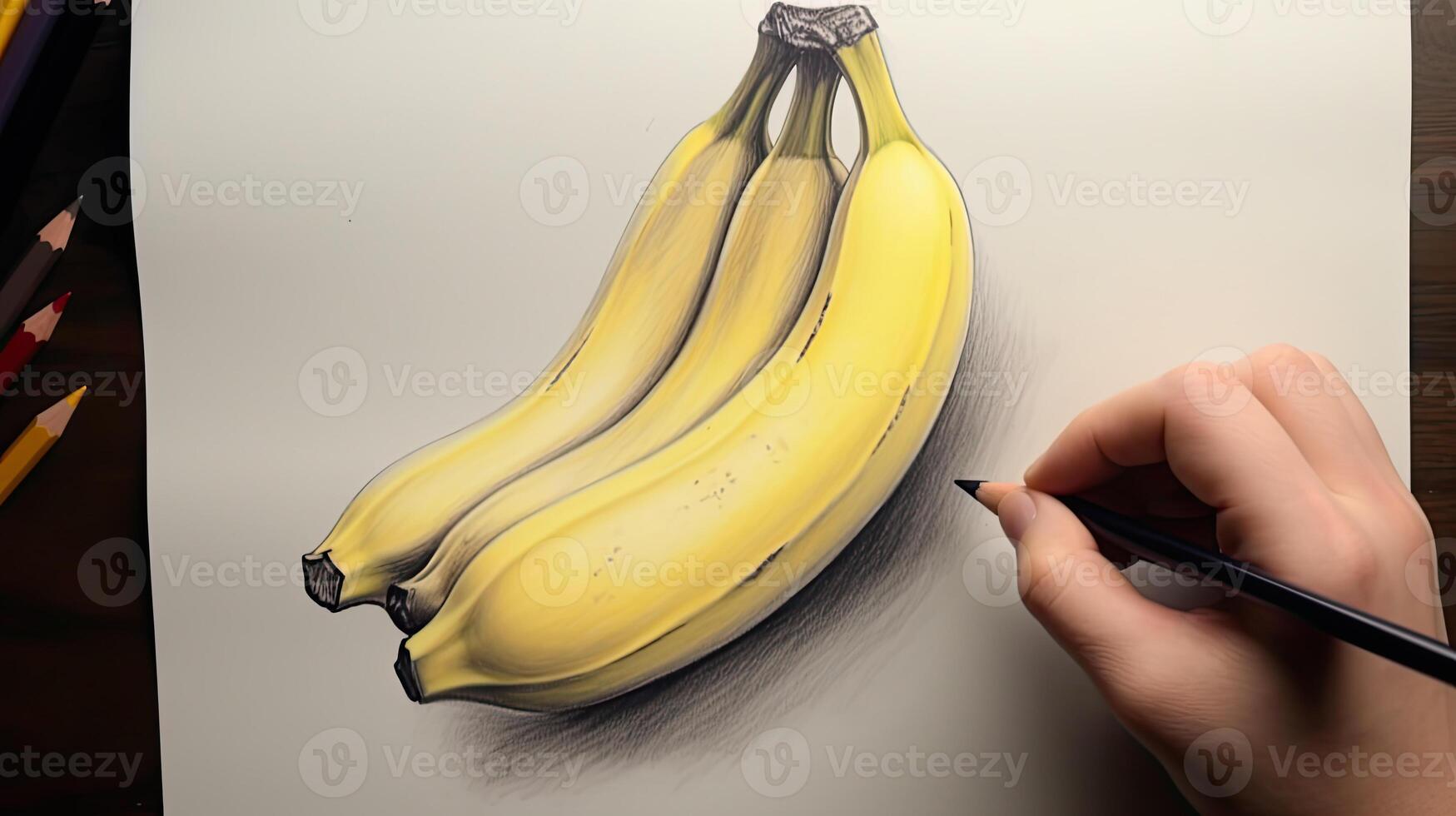3D Art Presenting Image of Hand Drawing Realistic Banana Bunch with Pencil. . photo