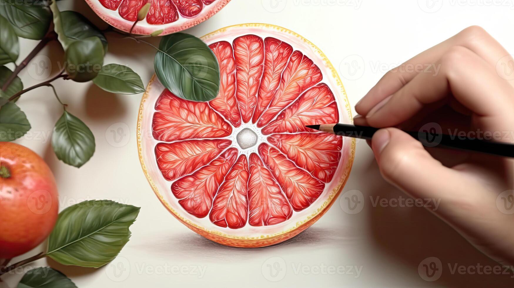 3D Art Presenting Image of Hand Drawing Realistic Grapefruit Slices and Leaves with Pencil. . photo