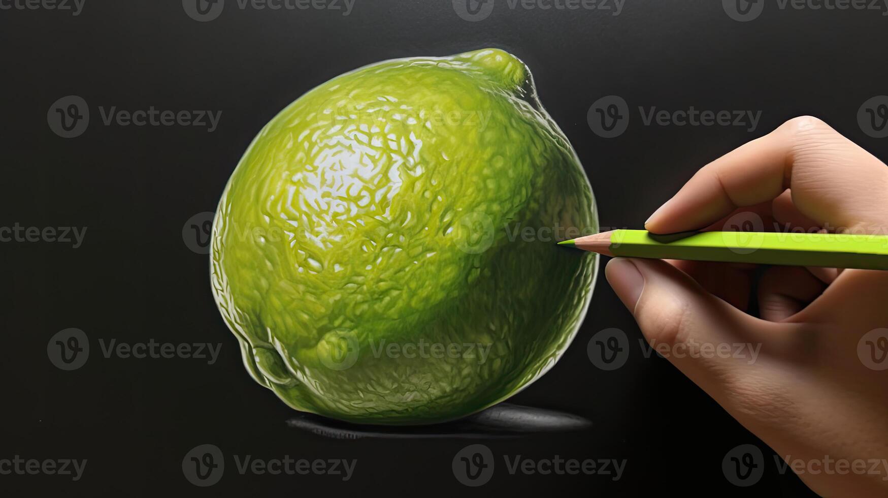 3D Art Presenting Image of Hand Drawing Realistic Lime with Pencil. . photo