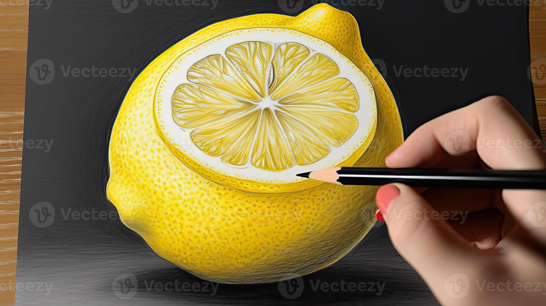 3D Art Presenting Image of Hand Drawing Realistic Lemon with Pencil. Generative AI. photo