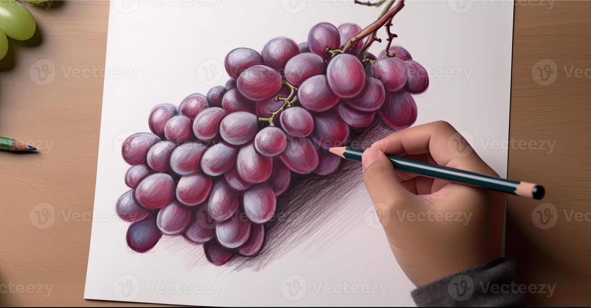 3D Art Presenting Image of Hand Drawing Realistic Grapes Bunch with Pencil. . photo
