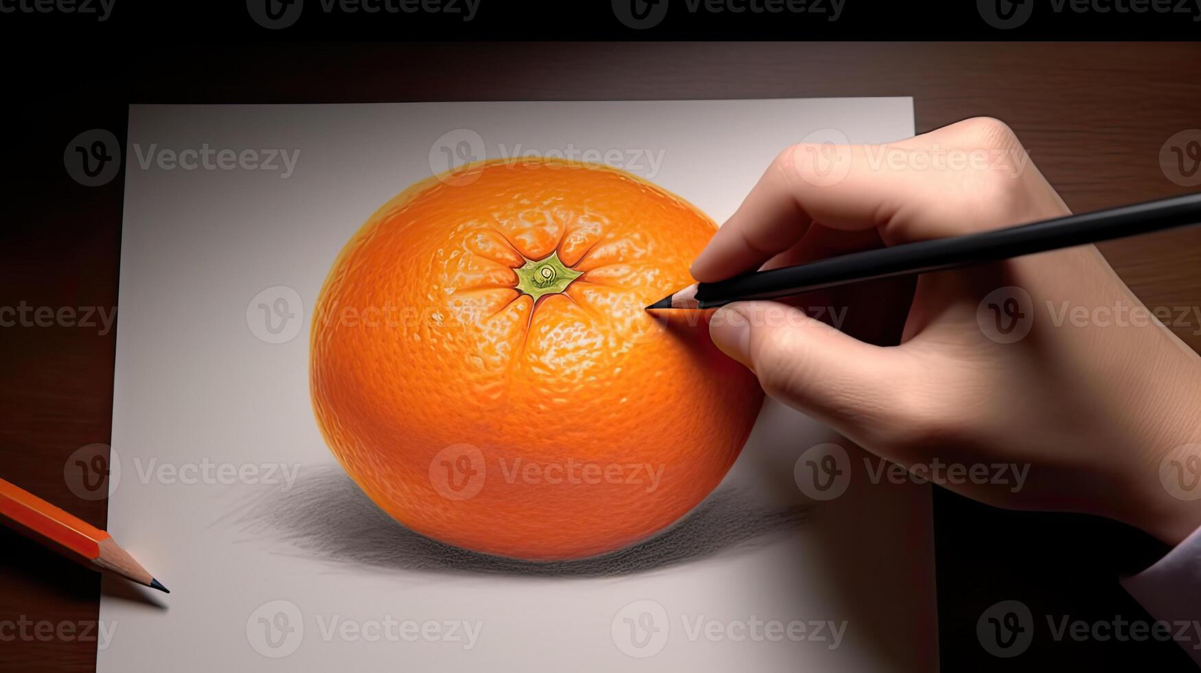 3D Art Presenting Image of Hand Drawing Realistic Orange with Pencil. Generative AI. photo