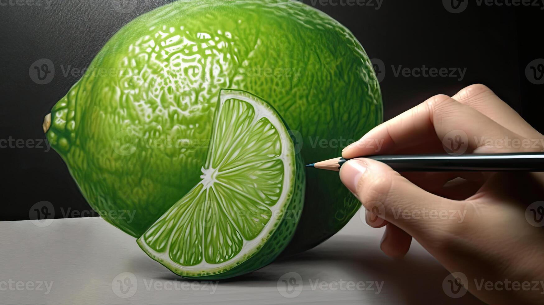3D Art Presenting Image of Hand Drawing Realistic One Whole Lime and Cut Slice with Pencil. . photo