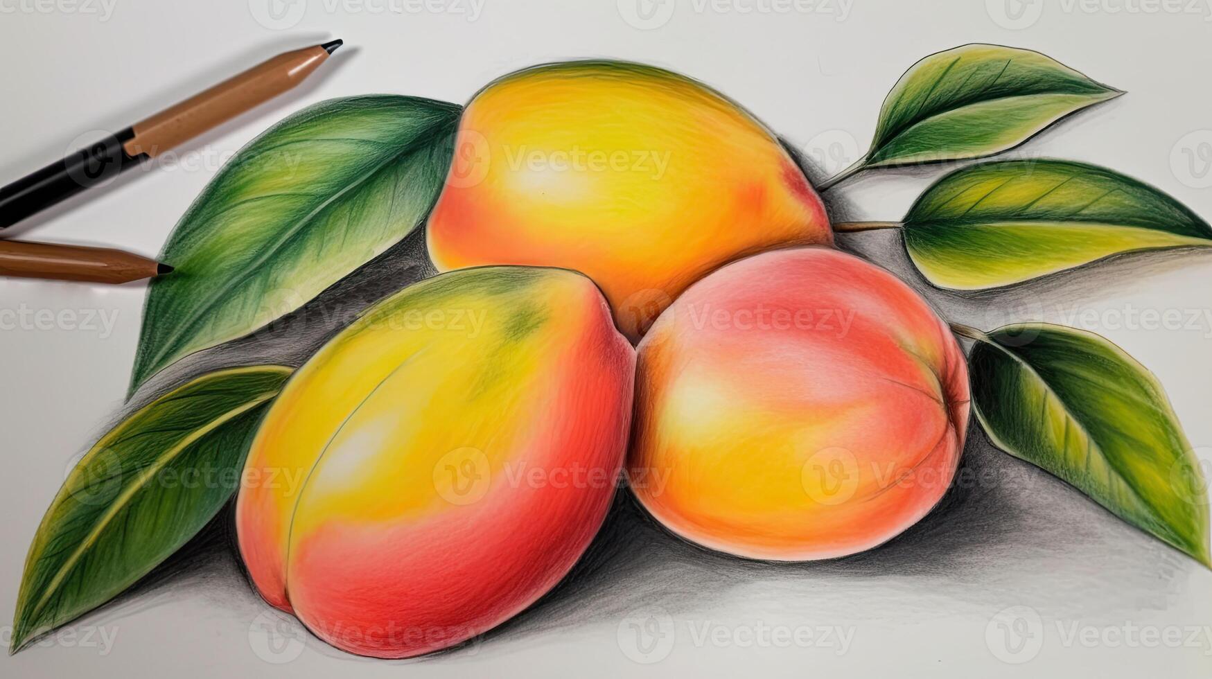 3D Art Image of Realistic Drawing Peach, Leaves with Pencil Illustration. . photo