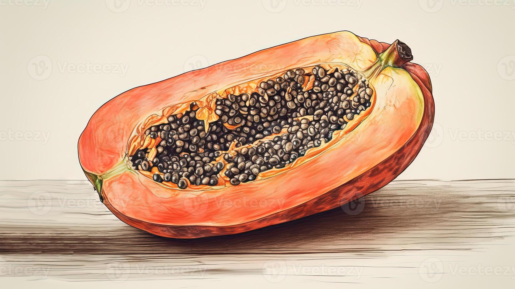 Watercolor Drawing Half Cut Juicy Papaya Slice Isolated on Brown Wooden Background. . photo