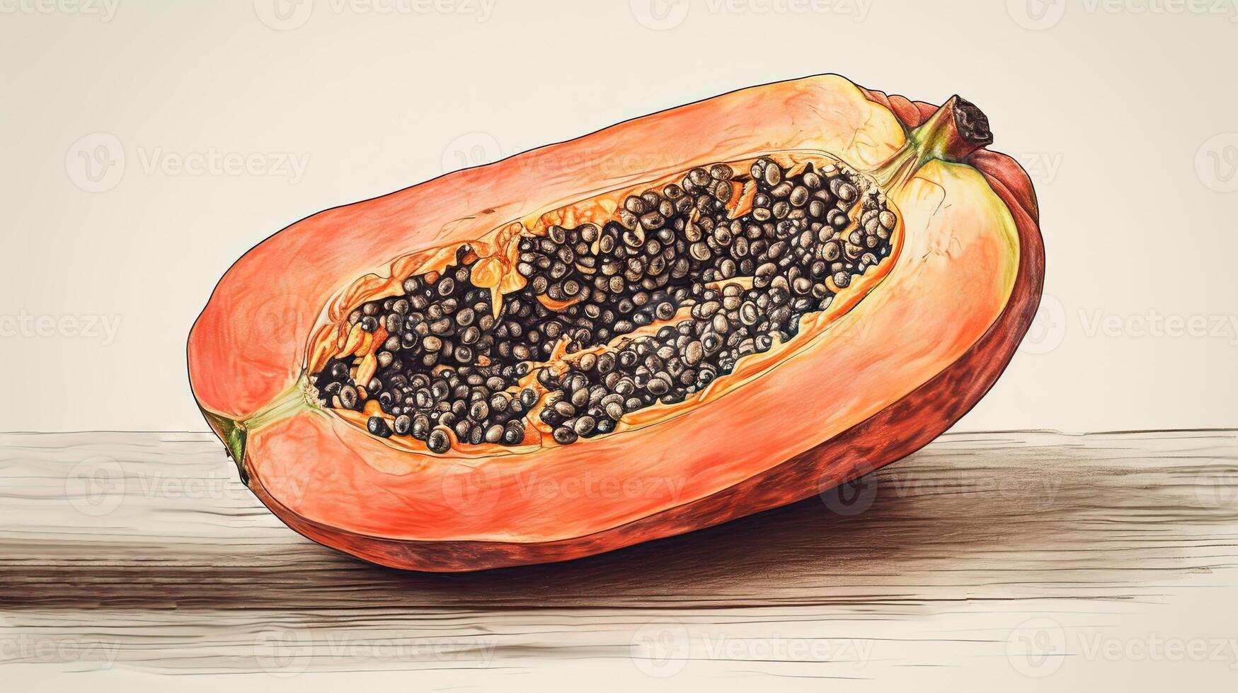 acuarela dibujo medio cortar jugoso papaya rebanada aislado en marrón de madera antecedentes. generativo ai. foto