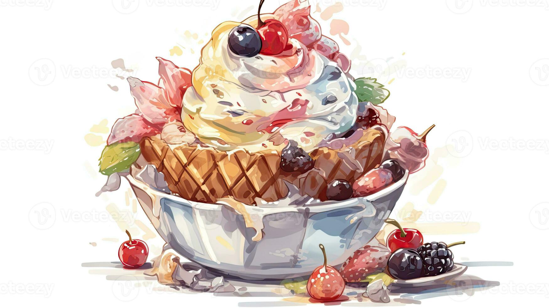Watercolor Image of Berries Garnish Ice Cream Serving Bowl Illustration. photo