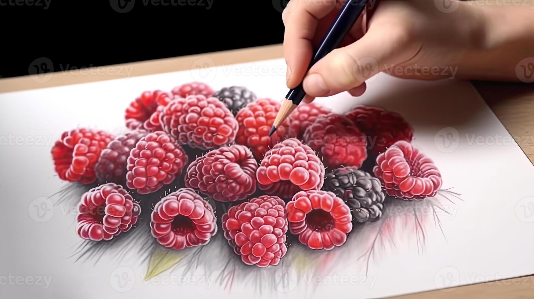 3D Art Presenting Image of Hand Drawing Realistic Raspberry with Pencil. . photo