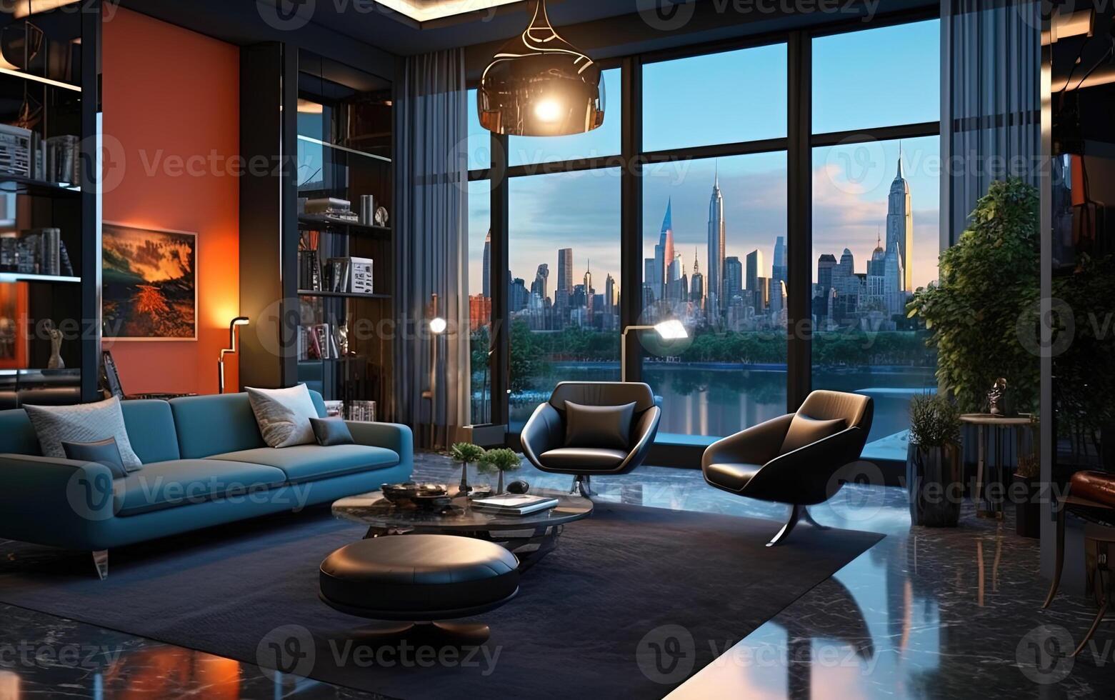 Luxury Penthouse with View of the City Skyline in the Evening or Morning with Shining Lights Interior Design. . photo