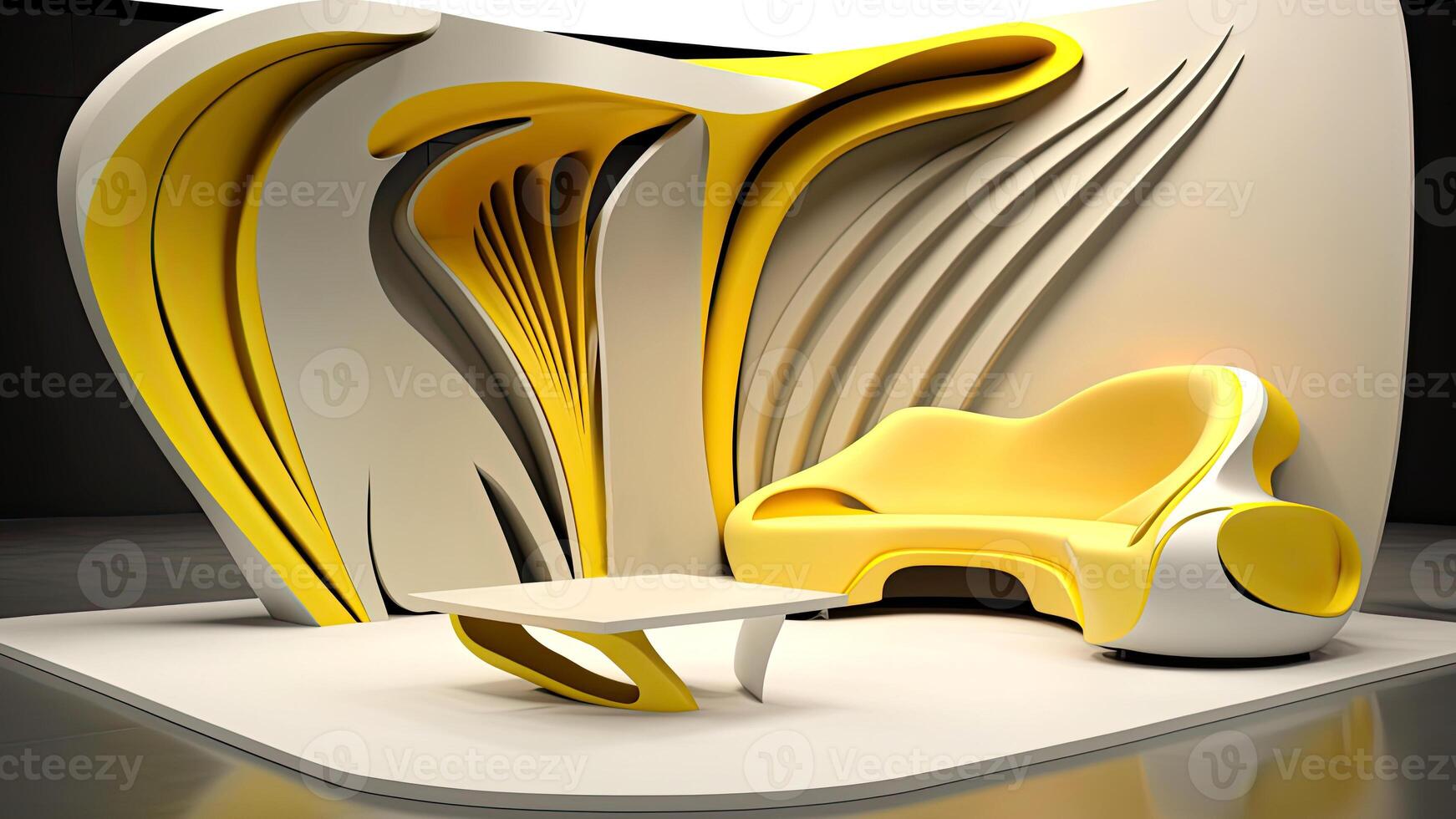 Ultra Modern Living Room with Futuristic Sofa, Table and 3D Abstract Design on the Wall. Technology. photo