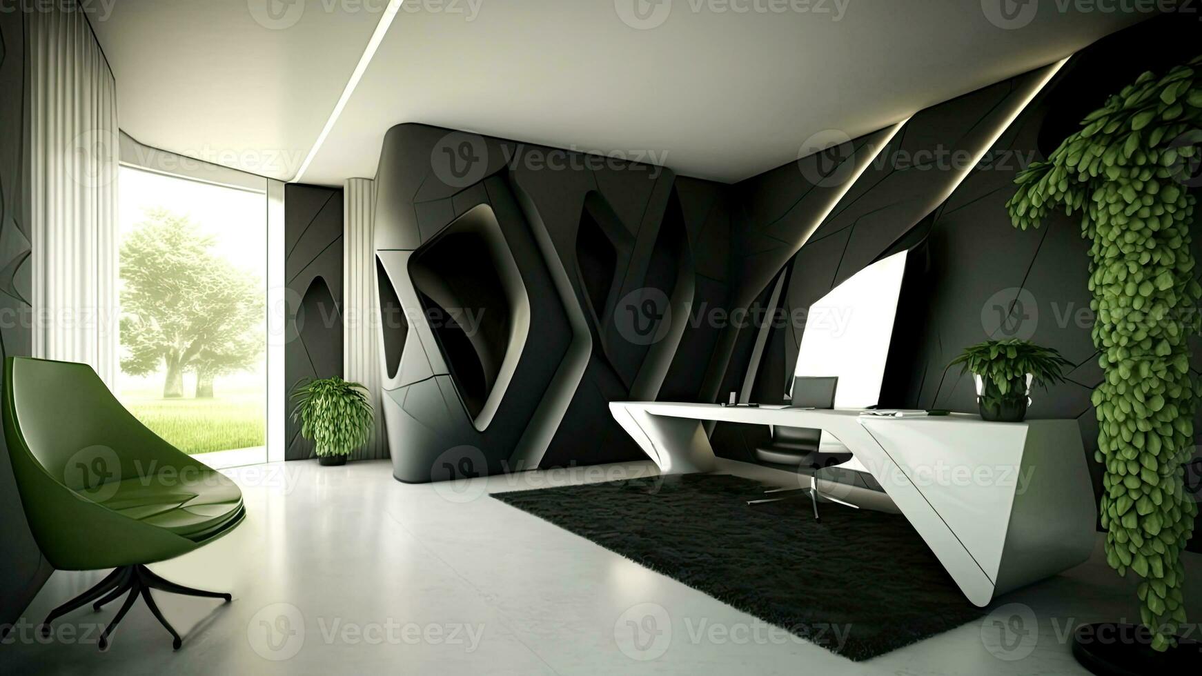 Modern Design Office Interior with Workplace Desk and Plant Pots, Daylight Inside Through Window or Door. Generative AI Technology. photo