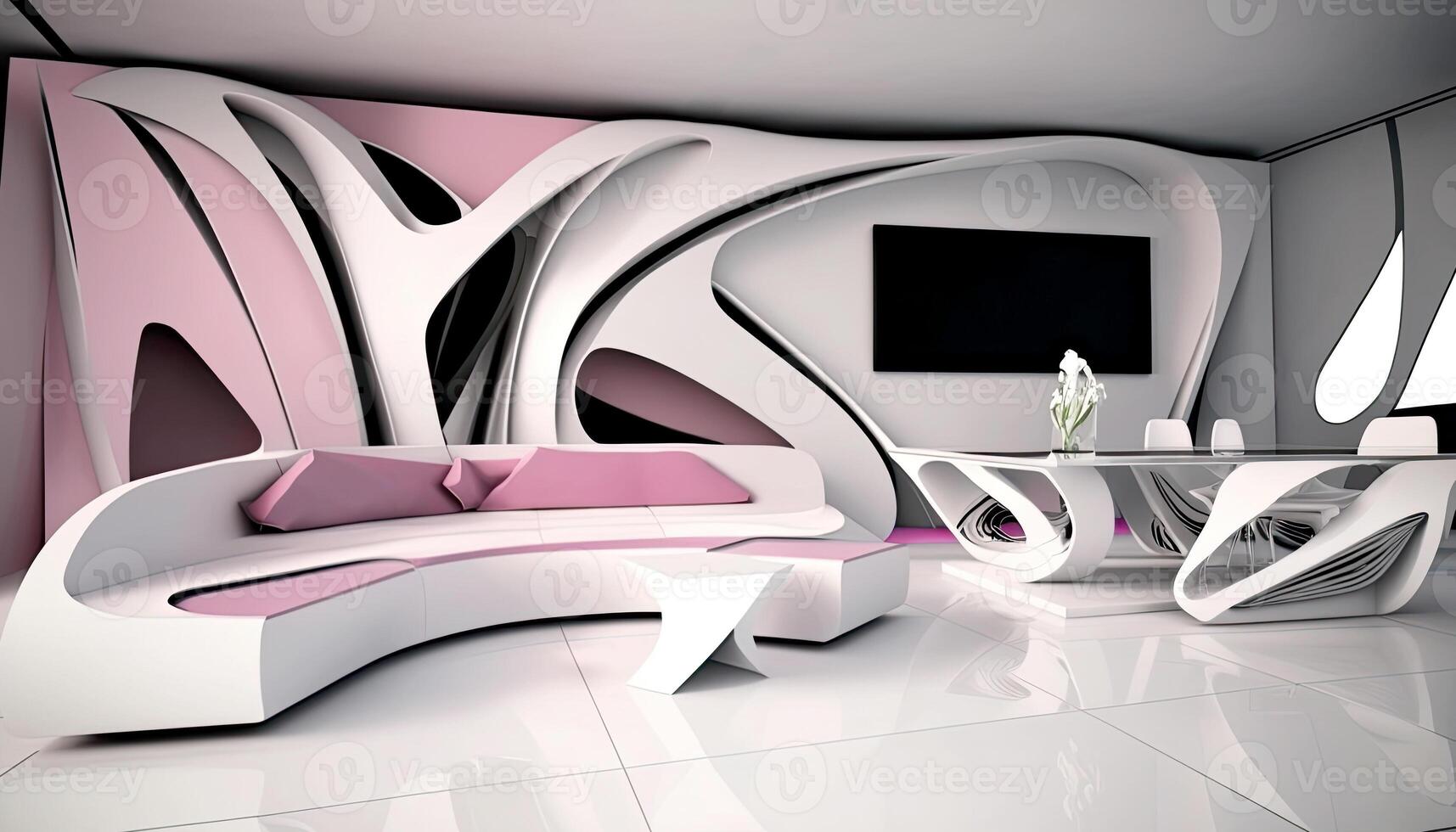 Modern Visionary Interior Design Concept with Futuristic Architectural, Wall Mounted Digital Display Screen and Featuring Furniture. Generative AI Technology. photo